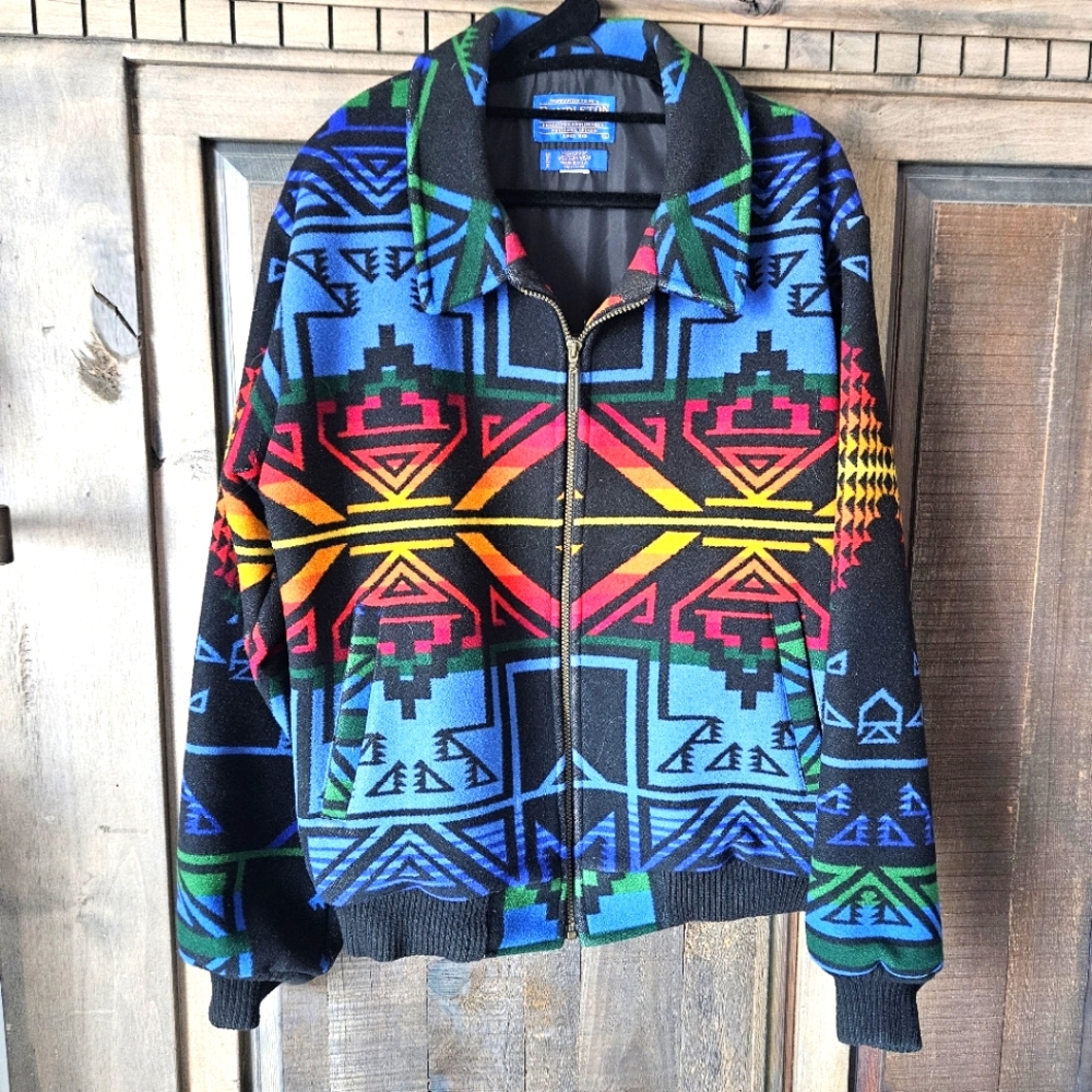 Vtg Pendleton Blue and Black Western Wear Aztec Southwestern Wool Bomber Jacket